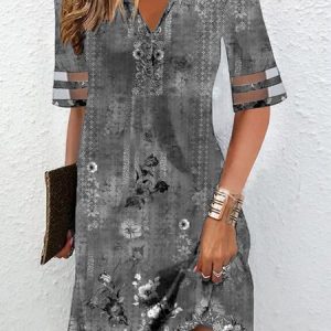 Casual V Neck Floral Loose Dress, Dresses, color:Gray|size:XXL, JustFashionNow