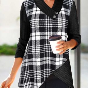V Neck Casual Plaid Sweatshirt, Shirts & Blouses, color:Black|size:XXL, JustFashionNow