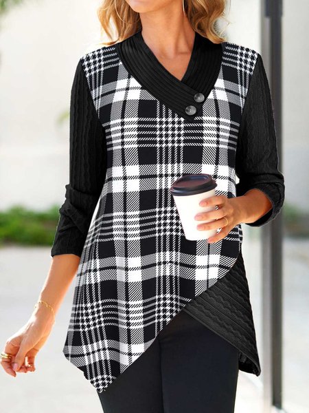 V Neck Casual Plaid Sweatshirt, Shirts & Blouses, color:Black|size:XXL, JustFashionNow