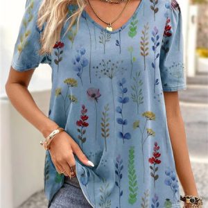 V Neck Casual Loose Floral Shirt, Blouses, color:Blue|size:XXL, Noracora