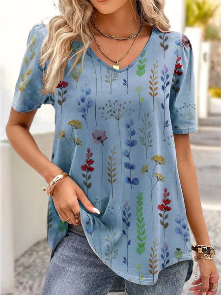 V Neck Casual Loose Floral Shirt, T-shirts, Lilicloth.com