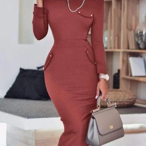 Plain Cold Shoulder Tight Elegant Dress, Midi Dresses, color:Red Brown|size:XXL, Stylewe