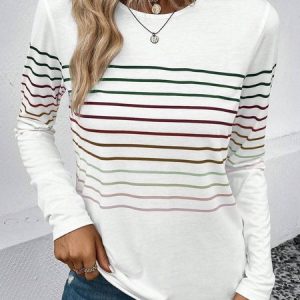 Casual Striped Crew Neck Long Sleeve T-shirt, T-shirts, color:White|size:XXL, Noracora