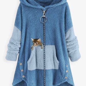 Women Color Block Fluff/Granular Fleece Fabric Cat Zipper Hooded Coat, Jackets, color:Blue|size:XXL, JustFashionNow