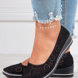 Comfortable Non-slip Hollow Lace Breathable Wedge Shoes, Flats/Loafers, color:Black|size:41, Noracora