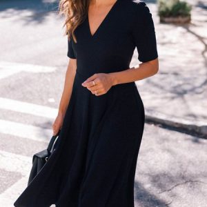 Half Sleeve Retro Solid Dress, Midi, color:Black|size:XXL, catalog Noracora shop
