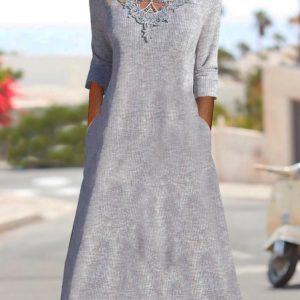 Crew Neck Lace Casual Plain Dress, Dresses, color:Gray|size:XXL, JustFashionNow