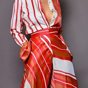 Striped Regular Fit Urban Blouse, Blouses and Shirts, color:Orange Red|size:XXL, Stylewe