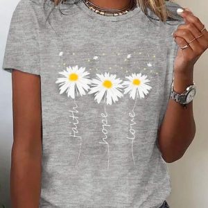 Plus Size Loose Casual Daisy Jersey T-Shirt, T-Shirts, color:Gray|size:4X, JustFashionNow