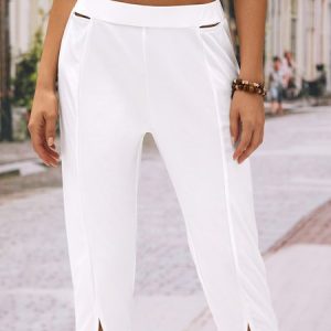 Casual Plain Color Hem Slit Elastic Waist Knitted Bottoming Pants, Leggings, color:Dark Blue|size:XXL, JustFashionNow
