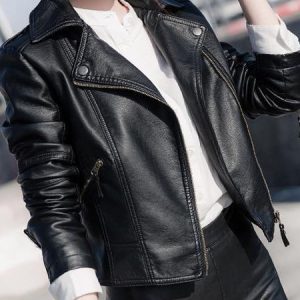 Lapel Collar Long Sleeve Plain Regular Regular Fit Motorcycle Leather & Faux Leather For Women, Coats, color:Black|size:3XL, Noracora