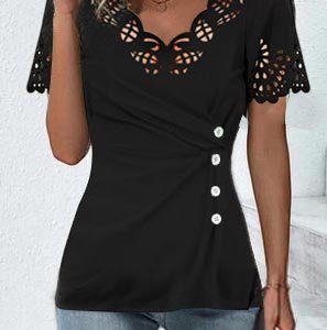 Plain Laser Cut High Elasticity Shirt, Shirts & Blouses, color:Black|size:XXL, JustFashionNow