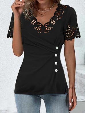 Plain Laser Cut High Elasticity Shirt, Shirts & Blouses, color:Black|size:XXL, JustFashionNow