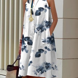 Floral Urban Shirt Collar Dress, Midi Dresses, color:white-blue|size:XXL, Stylewe