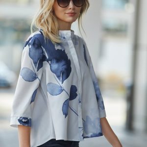 Floral Urban Printing Half Turtleneck Blouse, Blouses and Shirts, color:white-blue|size:XS, Stylewe