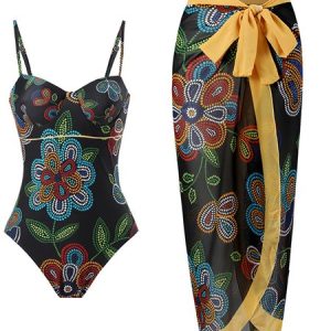 Printing Floral V Neck Elegant One Piece With Cover Up, Coverups, color:Black|size:XXL, Stylewe
