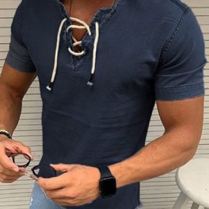 Men's Casual Lace-Up Tassel Short Sleeve T-Shirt Everyday Clothing, Shirts ＆ Blouse, color:Black|size:3XL, JustFashionNow