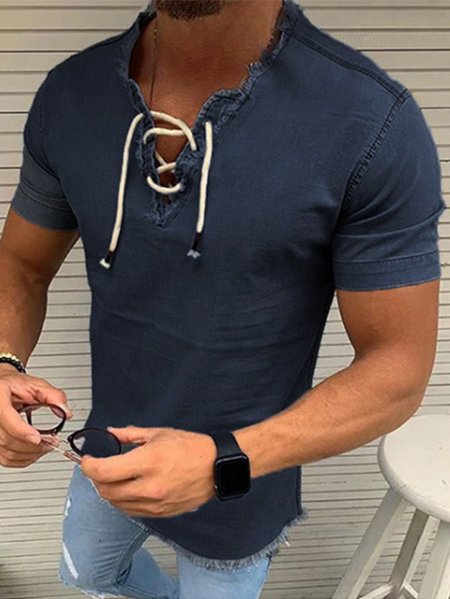 Men's Casual Lace-Up Tassel Short Sleeve T-Shirt Everyday Clothing, Shirts & Blouse, color:Black|size:3XL, JustFashionNow