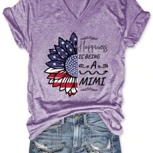 American Flag Sunflower Happiness Is Being A Mimi Casual Letter Cotton Blends T-Shirt, color:Purple|size:3XL, Lilicloth.com