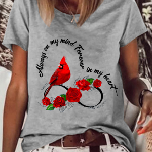 Women's Always On My Mind Cardinal Rose Infinite Love Memorial Casual Cotton-Blend Bird Crew Neck T-Shirt, color:Gray|size:3XL, Lilicloth.com