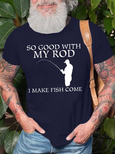 Men's So Good With My Rod I Make Fish Come Funny Graphic Printing Casual Crew Neck Cotton T-Shirt, color:Purplish blue|size:3XL, Lilicloth.com