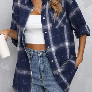 Shirt Collar Long Sleeve Plaid Heavyweight Loose Blouse For Women, Shirts, color:Deep Blue|size:XL, Noracora