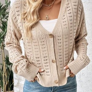 Women Yarn/Wool Yarn Plain Long Sleeve Comfy Casual Buckle Cardigan, Cardigans, color:Light Khaki|size:XXL, Noracora