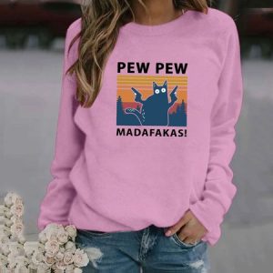 Casual Crew Neck Cat Sweatshirt, Hoodies & Sweatshirts, color:Pink|size:4XL, Noracora