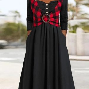 Plaid Square Neck Loose Elegant Dress, Dresses, color:Black|size:XXL, JustFashionNow