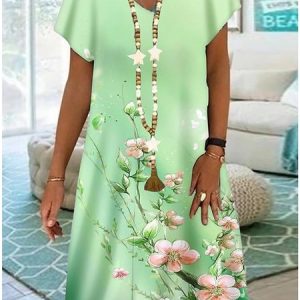Boho Vaction Short Sleeve Fit Floral Printing Casual Midi Dress, Dresses, color:Aqua|size:3XL, JustFashionNow