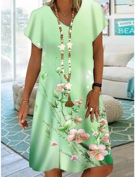 Boho Vaction Short Sleeve Fit Floral Printing Casual Midi Dress, Dresses, color:Aqua|size:3XL, JustFashionNow