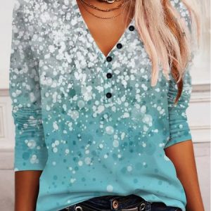Loose Ombre V Neck Casual Top, Shirts & Blouses, color:Cyan|size:XXL, JustFashionNow