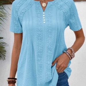 Notched Elegant Buckle Plain Lace Shirt, Shirts & Blouses, color:Blue|size:XXL, JustFashionNow