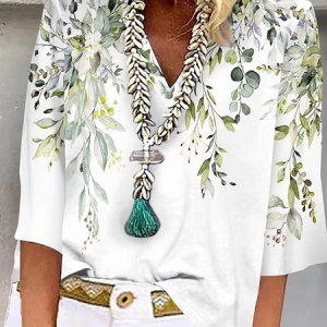 Plus Size Casual Loose Leaf V Neck Shirt, TOPS, color:White-green|size:4X, Noracora