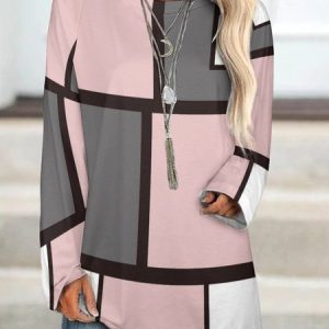 Crew Neck Long Sleeve Plaid Regular Micro-Elasticity Loose Shirt For Women, Shirts, color:Pink|size:5XL, Noracora