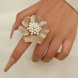 Women's Metal Alloy Pearl Flower Ring, Ring, color:As Picture|size:One-size, Noracora