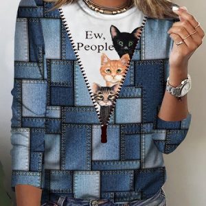 Color Block Crew Neck Casual Cat T-Shirt, T-Shirts, color:Denim Blue|size:XXL, JustFashionNow