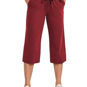 Women's Summer Hiking Loose Drawstring Pants Water-Resistant Wide Leg Pants with Pockets, color:Wine Red|size:3XL, Lilicloth.com