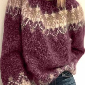 Women Wool/Knitting Fair Isle Long Sleeve Comfy Casual Sweater, Sweaters, color:Wine Red|size:3XL, Noracora