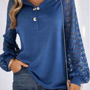 Lantern Sleeve Lace Casual V Neck Top, Shirts & Blouses, color:Blue|size:XXL, JustFashionNow