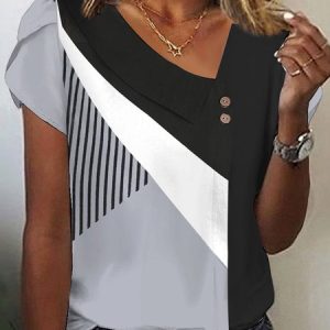 Color Block Loose Casual V Neck Shirt, Shirts & Blouses, color:Black|size:XXL, JustFashionNow