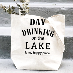 Day Drinking On The Lake Is My Happy Place Shopping Tote, color:White|size:One-size, Lilicloth.com