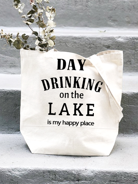 Day Drinking On The Lake Is My Happy Place Shopping Tote, color:White|size:One-size, Lilicloth.com