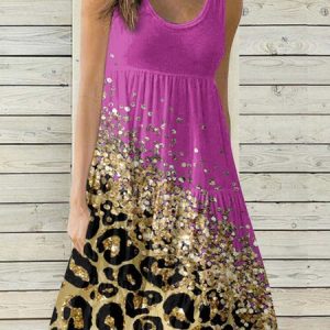 Casual Floral Crew Neck Regular Fit Dress With No, Dresses, color:Rose Red|size:3XL, JustFashionNow