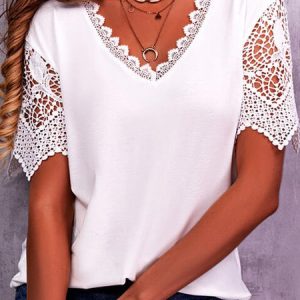 JFN Scallop V Neck Solid Casual T-Shirt/Tee, Shirts & Blouses, color:White|size:XXL, JustFashionNow
