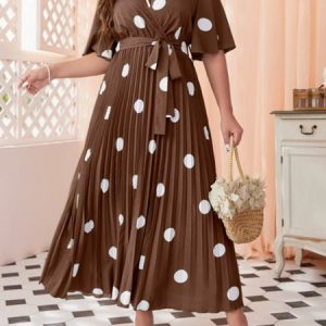 Plus Size Polka Dots Casual Dress With No, Dresses, color:Deep Brown|size:4X, JustFashionNow