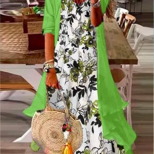 Vacation Loose Floral V Neck Two-Piece Set, Floral Dresses, color:Green|size:XXL, JustFashionNow