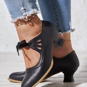Vintage Bow Decor Hollow out Spool Heel Mary Jane Shoes, Flats/Loafers, color:Black|size:43, Noracora