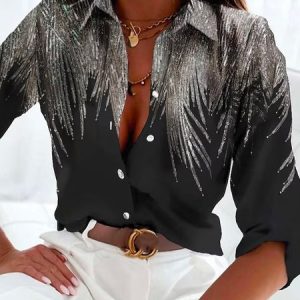 Buttoned Feather Pattern Casual Blouse, Shirts & Blouses, color:Black|size:XXL, JustFashionNow