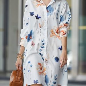 Floral Shirt Collar Urban Dress, Midi Dresses, color:white-blue|size:XS, Stylewe